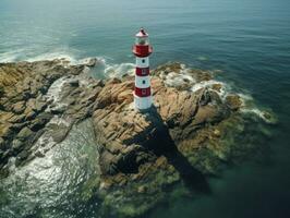 faro en pequeño isla en el mar a soleado día en verano. aéreo parte superior ver de hermosa faro en el roca, claro azur agua, ai generado foto