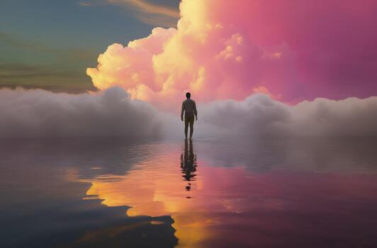 3d render, abstract background man standing in front of pink yellow cloud with reflection in the water. Minimal futuristic seascape photo