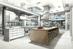 Interior design with modern dining room in color line sketch photo