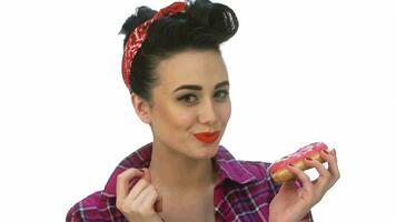 Pin up girl wants to eat yummy video