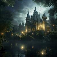 3D rendering of an epic castle scenery in majestic night sky and highly detailed natural environment landscape, AI Generated photo