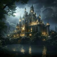 3D rendering of an epic castle scenery in majestic night sky and highly detailed natural environment landscape, AI Generated photo