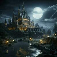 3D rendering of an epic castle scenery in majestic night sky and highly detailed natural environment landscape, AI Generated photo