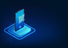 Smartphone technology scanning QR code Mobile phone with QR screen in isometric view Shows payment or access to data via phone scan vector