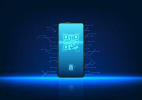 Smartphone technology scanning QR code The mobile phone has a QR code on the screen and a technology circuit on the back. Shows payment or access to data via phone scan vector