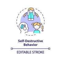 2D editable self destructive behavior thin line icon concept, isolated vector, multicolor illustration representing behavioral therapy. vector