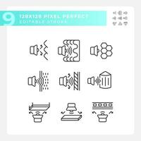 2D pixel perfect black icons set representing soundproofing, editable thin line illustration. vector