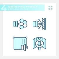 2D pixel perfect blue icons set representing soundproofing, editable thin line illustration. vector