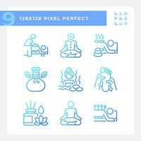 Pixel perfect icons set representing meditation, blue gradient thin line wellness illustration. vector