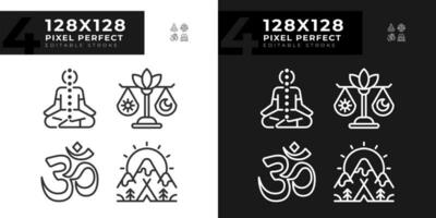 2D light and dark mode icons set representing meditation, editable thin linear wellness illustration. vector