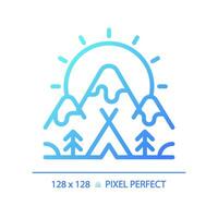 2D pixel perfect blue gradient camping and mountain icon, isolated vector, thin line illustration. vector