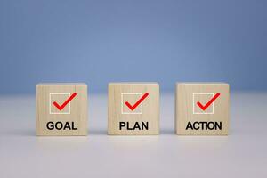 Goal plan action. Business action plan strategy concept, outline all the necessary steps to achieve your goal and help you reach your target efficiently by assigning a timeframe a start and end date. photo