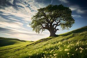 A huge tree with fresh green leaves on a  meadow and blooming flowers field with white clouds on blue sky. photo