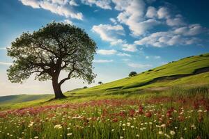 un enorme árbol con Fresco verde hojas en un prado y floreciente flores campo con blanco nubes en azul cielo. foto