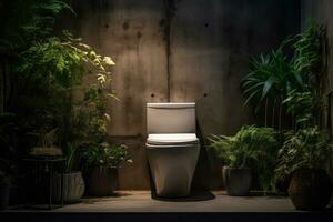 Modern, luxury toilet bowl, closed seat with dual flush, basin, urinal, concrete and small plants. AI Generated photo