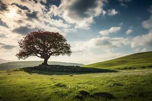 un enorme árbol con Fresco verde hojas en un prado y floreciente flores campo con blanco nubes en azul cielo. foto