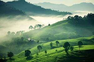 Mountain forest in fog and clouds. Aerial view of over green hills with white fog, clouds and tree. photo