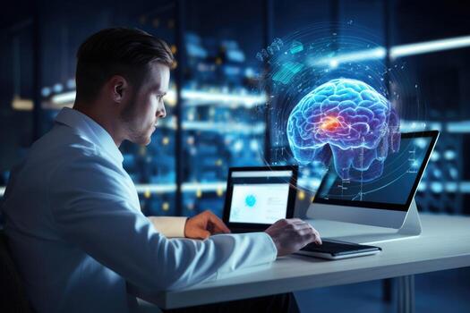 business, people and technology concept - close up of businessman with laptop computer and human brain in office, Doctor checking brain testing result with computer interface, AI Generated photo