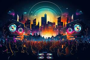 Crowd of people at a music festival. Colorful vector illustration, dj night club party rave with the crowd in music festival, AI Generated photo