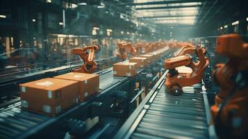 AI Enhanced Warehouse Efficiency. Modern tech at work on the conveyor belt photo
