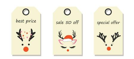 Vector set of discount price tags. Labels with faces of a cute Christmas deer with a garland. Template for shopping tags. Christmas sale.