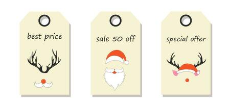 Vector set of discount price tags. Labels with faces of a cute Christmas deer and Santa Claus. Template for shopping tags. Christmas sale.