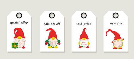 Vector set of discount price tags. Labels with cute Christmas gnomes. Template for shopping tags. Christmas sale.