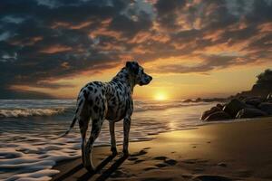 Dalmatian dog on the beach at sunset, 3d render, dog on the beach, AI Generated photo