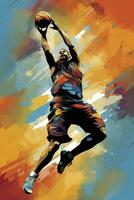 Abstract basketball player with ball from splash of watercolors. Vector illustration of paints. photo