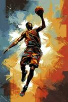 Abstract basketball player with ball from splash of watercolors. Vector illustration of paints. photo