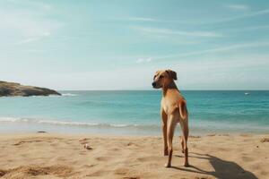 perro en el playa con azul mar y cielo antecedentes. Copiar espacio, perro en el playa, ai generado foto