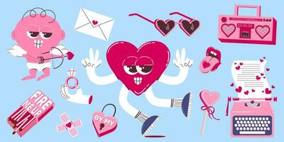 Cute heart and cupid characters for valentine's day in retro cartoon style. Colorful pink clipart of different elements for Valentine's Day. Trendy mascot design. vector