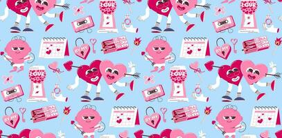 Seamless background for Valentine's Day. Vector pattern in retro style of the 70s, 80s. Cute cupid and heart characters.