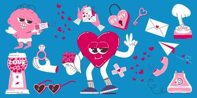 Cute heart and cupid characters for valentine's day in retro cartoon style. Colorful pink clipart of different elements for Valentine's Day. Trendy mascot design. vector