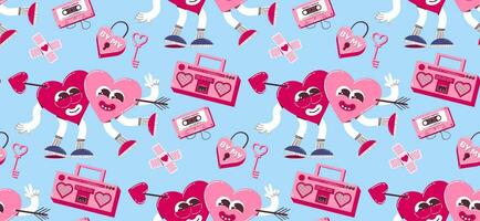 Pattern with a cute heart character pierced by one arrow, an old tape recorder, a cassette and other elements in a retro cartoon style. Vector background for Valentine's Day.