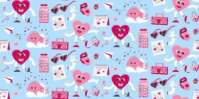 Seamless background for Valentine's Day. Vector pattern in retro style of the 70s, 80s. Cute cupid and heart characters.