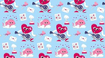 Pattern with a cute heart character with a guitar, cupid on a cloud and other elements in a retro cartoon style. Vector background for Valentine's Day.
