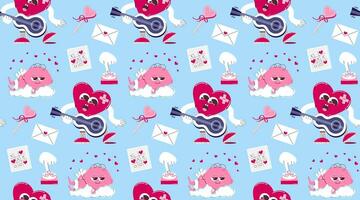 Pattern with a cute heart character with a guitar, cupid on a cloud and other elements in a retro cartoon style. Vector background for Valentine's Day.