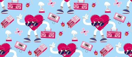 Pattern with cute heart character and old tape recorder, pink matches, love button and other elements in retro cartoon style. Vector background for Valentine's Day.