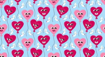 Pattern with cute heart characters in the form of balloons in retro cartoon style. Vector background for Valentine's Day.