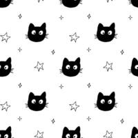 Seamless pattern with black cats and stars. Vector seamless texture for kids fabric, wrapping paper, design.