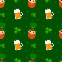 Seamless pattern with leprechaun, clover leaves and beer. Suitable for Saint Patrick's Day. vector