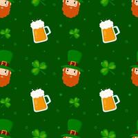 Seamless pattern with leprechaun, clover leaves and beer. Suitable for Saint Patrick's Day. vector