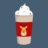 Christmas Coffee drink with and Cream.  A mug  with the image of a cute deer. Seasonal hot drink isolated on blue background. Illustration for Christmas menu or greeting cards. vector