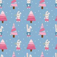 Winter seamless pattern with bunny, tree and snowflakes. Perfect for wrapping paper, greeting cards and seasonal design. vector