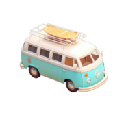 Minibus van with blue sky, sands, beach and palm trees, 3D Icon png