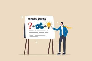 Problem solving skill, idea to solve difficulty challenge, process or procedure to fix problem, information to achieve goal concept, businessman present problem solving procedure on whiteboard. vector