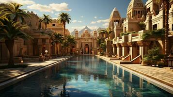 3D CG rendering of sand and water egyptian castle palace. photo