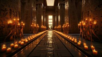 Egyptian temple with candles and hieroglyphs. photo