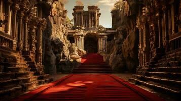 Ancient ruins of the old city with red carpet. photo